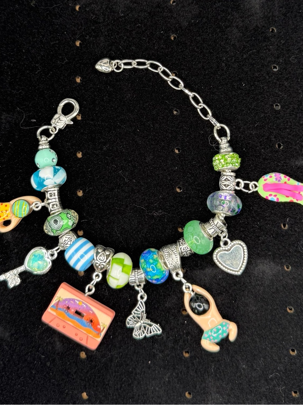 Silver tone, Green & Blue, Glass & Enamel, Snake Chain Charm Bracelet